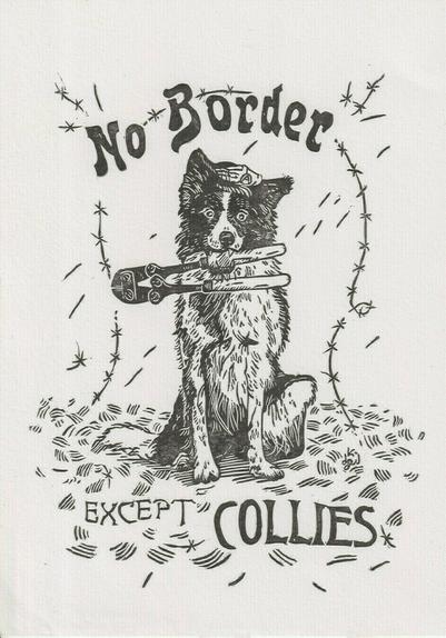 A linocut print of a no border border collie