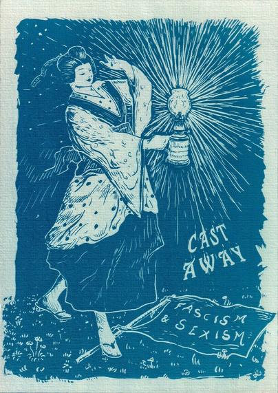 Cyanotype print of a woman chasing away the shadows of sexism and fascism