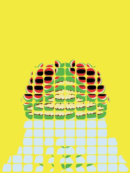 Eine Illustration eines breit grinsenden Frosches aus der Perspektive einer Fliege.

An illustration of a broadly grinning frog from the perspective of a fly.