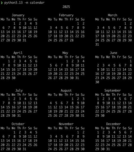 Output of "python3.13 -m calendar" showing an ASCII representation of the calendar for 2025.