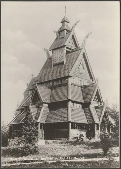 Monochrome real photographic postcard showing a view of the Stave Church from Gol in Hallingdal at the Norsk Folkemuseum in Oslo, Norway.
Published by the Norsk Folkemuseum, No 105, 1934.
Postally unused.
Excellent condition, with very slight corner bumps.