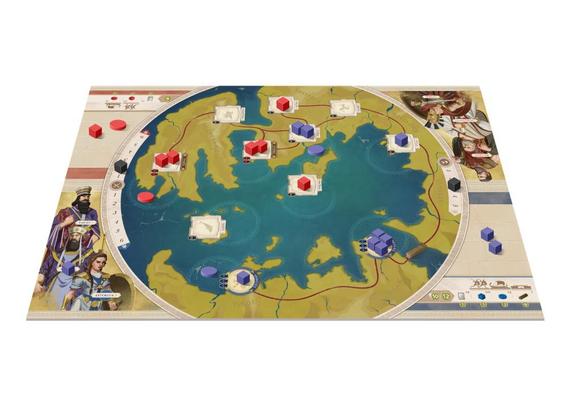 Game board with a round playing area showing ancient Greece and western Persia in greens and blues, with squards for cities, red and blue cubes and disc for armies and fleets, with artwork depicting ancient historical personages from the Greco-Persian Wars in two opposite corners.