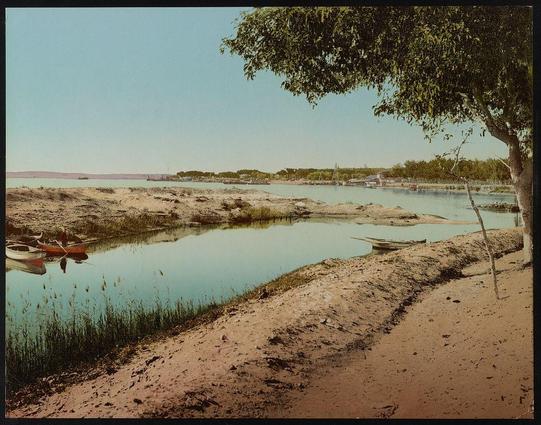 This image depicts a serene riverside scene with boats and lush vegetation. The river appears calm, reflecting the surrounding environment on its surface. On the left side of the photograph, there are several small rowboats docked near the shore, suggesting human activity in this tranquil setting.

The shoreline is sandy and stretches across the foreground of the image, leading to a body of water that seems expansive. Tall grasses or reeds grow along the riverbank, adding texture and color variation to the scene with their green hues contrasting against the browns of the sand and water's edge.

In the background, trees line the far shore under what appears to be bright sunlight, indicating it might have been captured during a warm season. The sky is mostly clear except for some scattered clouds near the horizon where land extends into the distance on both sides of the river.

This image carries historical significance as indicated by the reference to "Canal de Suez," suggesting that this scene could possibly be part of Egypt's famous network of canals, including the iconic Suez Canal. The photograph is likely from a period between 1890-1910 when such photogloves were popular for documenting various geographical locations and human activities around these waterways.

The image has an aged look with some color variations that suggest it could be a vintage print or postcard, capturing the essence of life along rivers during [...]