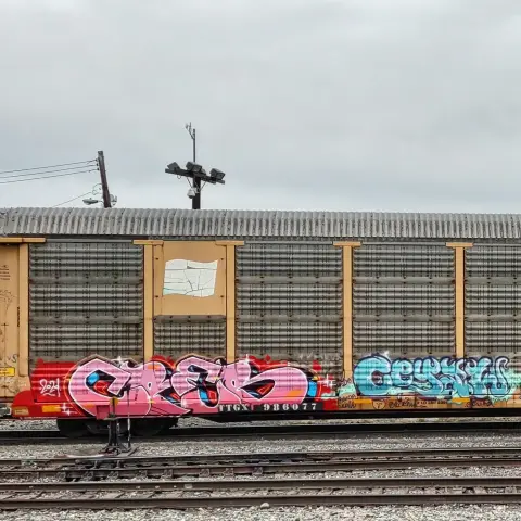 Train car with graffiti rolling through Kamloops BC Canada