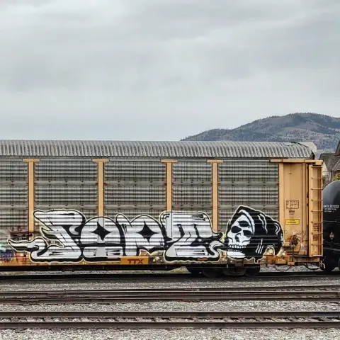 Train car with graffiti rolling through Kamloops BC Canada