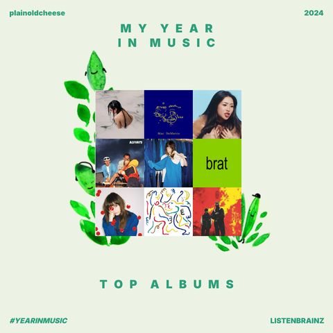 My top albums for 2025

1. Poppy's Negative Spaces
2. Mac DeMarco's One Wayne G
3. beabadoobee's This is How Tomorrow Moves
4. Alvvays' Blue Rev
5. Faye Webster's Underdressed at the Symphony
6. Charli xcx's brat
7.  Faye Webster's I Know I'm Funny haha
8. berlioz's jazz is for ordinary people
9. twenty one pilots' Clancy