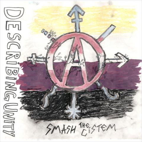 A hand-drawn image. On the left side, black text reads 'describing unity', on the bottom, black text in another font reads 'Smash the Cistem'. The rest of the square image is taken up by a non-binary flag in the background, and a circle A with various gender symbols going off in 8 directions akin to a chaos star. This whole circle A symbol is coloured in the stripes of the trans* flag.