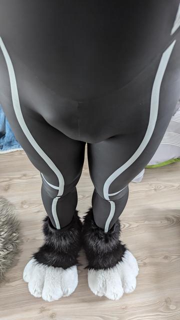The image shows a person wearing a black wetsuit with white stripes running vertically along the front of the legs. They are also wearing large, indoor fursuit paws, which are fluffy and designed to resemble animal paws, featuring white fur at the front and black fur around the ankles. The scene is indoors, with a wooden floor and part of a gray fuzzy rug visible on the left. The combination of the sleek wetsuit and the playful fursuit paws gives the outfit a unique look.