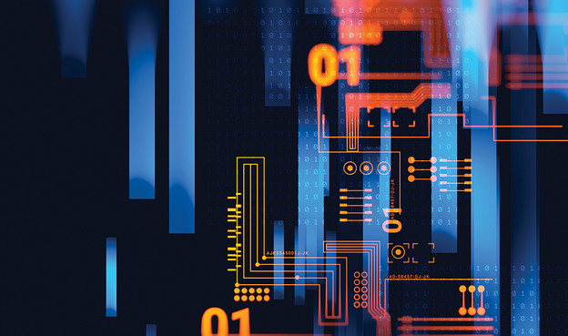 image of orange and blue binary code with lines connecting it