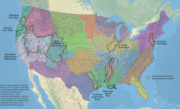 map - Regional water availability assessment basins, as of 2023. USGS is conducting regional water availability assessments in medium-sized watersheds throughout the US.  These assessments are designed to capture a range of conditions in major drivers of water availability. Some regional water availability assessments occur in Integrated Water Science Basins.