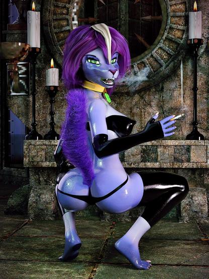 3D art of a smoking anthro dog-girl in a sexy pinup pose showing her lovely booty.