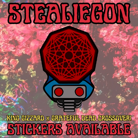 A Stealiegon - a design shaped like the famous Grateful Dead Steal Your Face, but comprised of King Gizzard symbols, specifically the Nonagon and Han-Tyumi - is imposed over a background of colorful roses. The text "STEALIEGON - KING GIZZARD X GRATEFUL DEAD CROSSOVER STICKERS AVIALABLE" is above and below it.