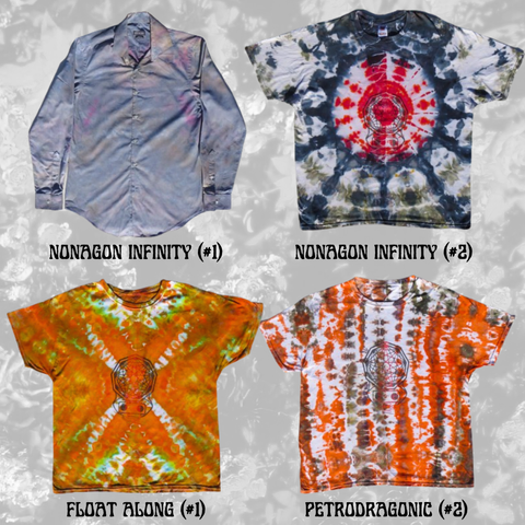 The front side of four tie-dye shirts featuring the Stealiegon design are shown. The first (which has no Stealiegon) is a grey-and-pink dress shirt. The remaining three all have the Stealiegon featured in a mixed black-and-red ink design. One shirt is red, black, and grey-green in a mandala shape; one is orange, green, yellow, with hints of blue in an X-shape; and one is grey, black, and red in vertical bars.