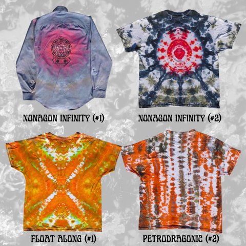 The back side of four tie-dye shirts featuring the Stealiegon design are shown. The first is a grey-and-pink dress shirt with the Stealiegon over a diffuse pink-and-purple mandala. The remaining three all have no Stealiegons (as they were featured on the front side of those shirts). One shirt is red, black, and grey-green in a mandala shape; one is orange, green, yellow, with hints of blue in an X-shape; and one is grey, black, and red in vertical bars.