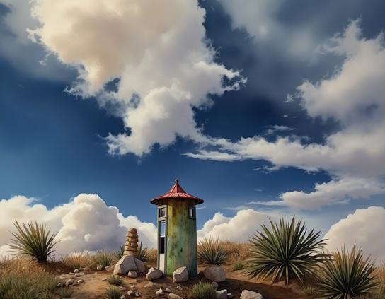 A worn looking example of futuristic technology, a lone rusty green teleport booth with a round red metal roof sits on a desert hill, by a stone cairn, under a dark blue sky with dramatic clouds.