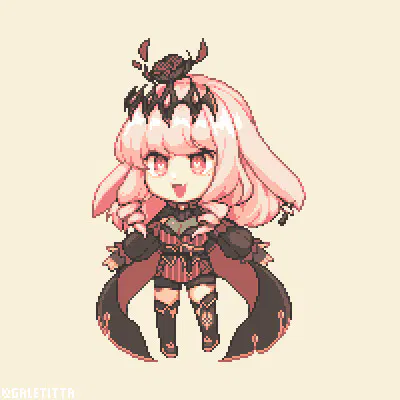 A pixelart of a girl in red and black clothes with pink hair and something black on her head.