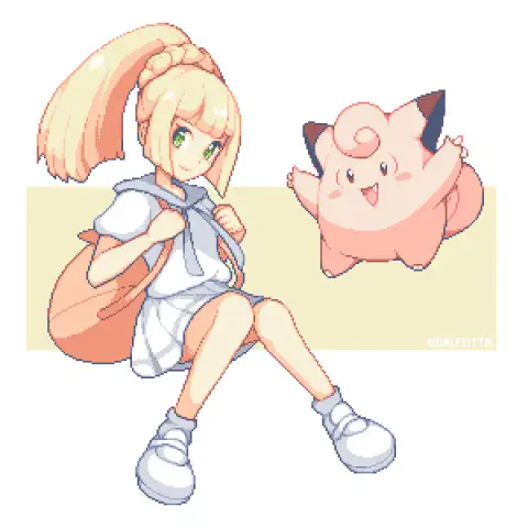 A pixelart of a blonde girl in white japanes school uniform and a pokemon Cleffa.