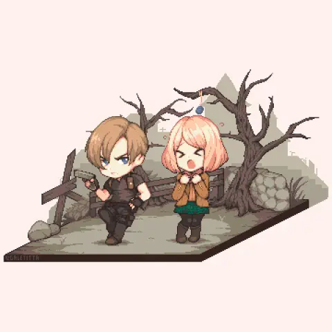 It's a pixelart of Leon and Ashley from Resident Evil 4 videogame. There is a talismal above them. They are in a place which looks like a village.