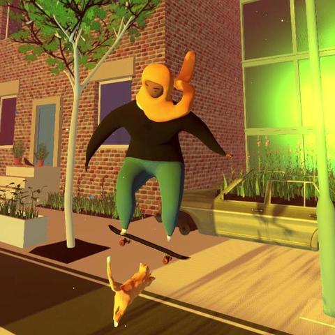 Screenshot from Utopia Still, a low-poly street scene showing a hijabi skater frozen in time as they jump over a cat running across the street.