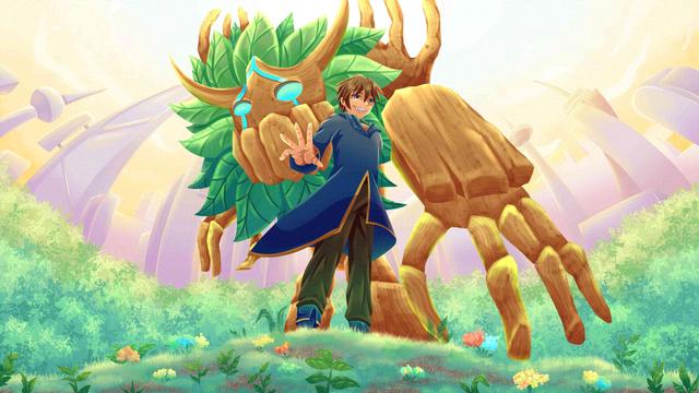 Commission digital art featuring their OC and his monster partner, standing proudly surrounded by nature while tall cities surround the forest in the background.