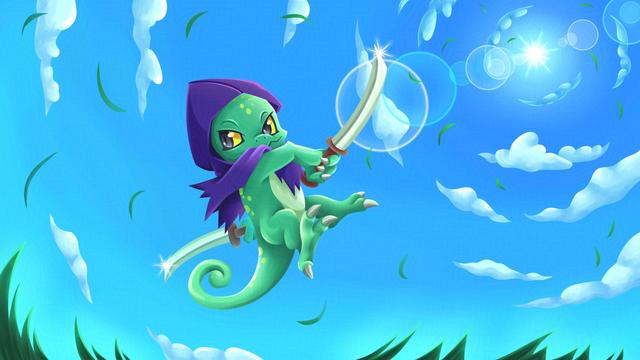 Cute young chameleon swinging a sword fiercely