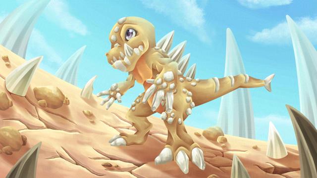 Digital illustration of small earth elemental dinosaur standing on the dry hot land. The dino’s body has sand colored scale with small hard stones randomly stick on his body, making it blend with the environment.