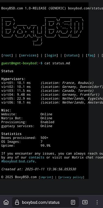 A dark-themed webpage displays server status information for boxybsd.com.  The top shows the stylized text "BoxyBSD" in a blocky ASCII art font. Below this, a command line interface shows the command cat status.md being executed.  The results show the status of six hypervisors, each with a location (France, Germany, Canada, and Netherlands), miscellaneous information about the website and services (all online), and statistics including 500+ boxes provisioned, 7 OS images, and 99.9% uptime. 
