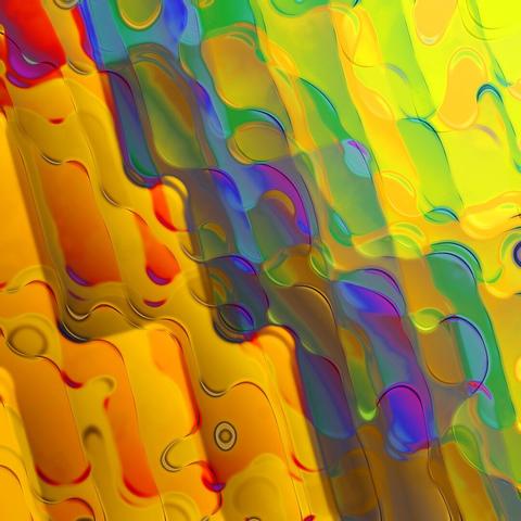 Random 2017 12 #053. Abstract wave pattern in orange, purple and yellow, reminiscent of translucent plastic. Computer-generated illustration from a Photoshop automation, programmed by Stefan Romero Grieser.