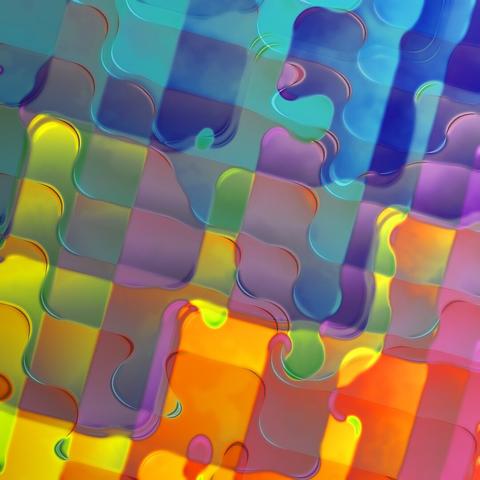 Random 2017 12 #49. Random 2017 12 #053. Abstract wave pattern in cyan, blue, purple, yellow and red, reminiscent of translucent plastic. Computer-generated illustration from a Photoshop automation, programmed by Stefan Romero Grieser.