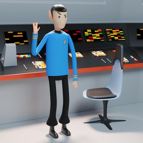 A 3D illustration of a stylized version of Star Trek character Spock. He is standing next to his station in the bridge of the Enterprise. He is making the Vulcan Salute with his right hand. The stylization of the character resembles Adventure Time characters, but in 3D.