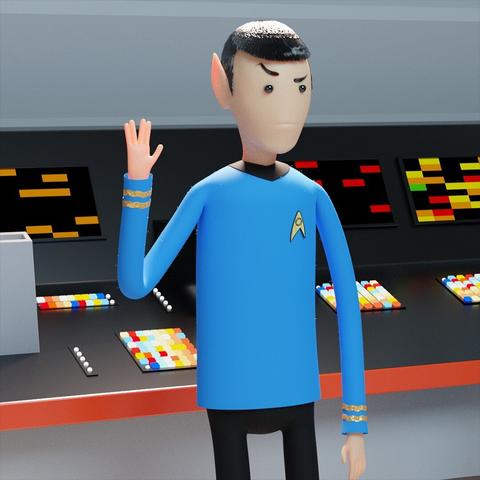 The same as the previous image, but closed in a little bit more on Spock: A 3D illustration of a stylized version of Star Trek character Spock. He is standing next to his station in the bridge of the Enterprise. He is making the Vulcan Salute with his right hand. The stylization of the character resembles Adventure Time characters, but in 3D.