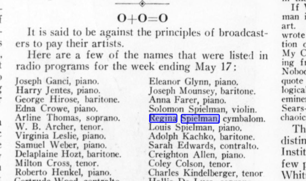 scan of part of a page from an old magazine. 
it starts "0+0=0 
It is said to be against the principles of broadcasters to pay their artists. 
Here are a few of the names that were listed in radio programs for the week ending May 17: "
and then among the names Regina Spielman, cymbalom is highlighted. the rest are singers and instrumentalists.