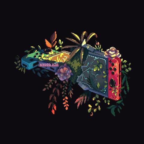 pixel art of a broken in half Nintendo switch red/blue model with overgrown plants on it, bright colors, direct sunlight running from the upper right corner to emphasize the 3D effect of the construct