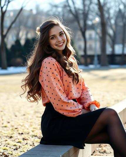 Smiling woman in a peach polka dot blouse sitting outdoors on a sunny day, showcasing fashion and style in a natural park setting.