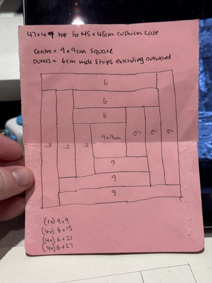A rough plan for a patchwork cushion cover showing the pattern I want to create