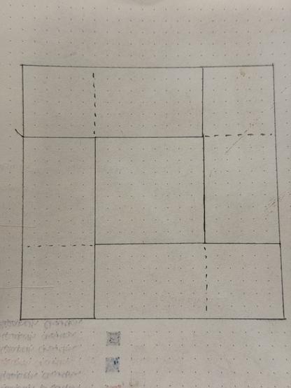 A small scale of the pattern I want to create roughly sketched out. There are dotted lines where I could hypothetically make smaller squares to try for easier joining.