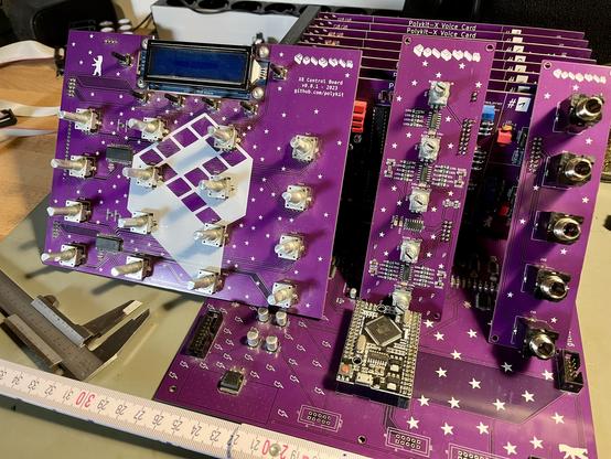 My 8-voice polysynth completely assemled PCBs, main board, 8 voice cards, control panel with 16x2 LCD, input section