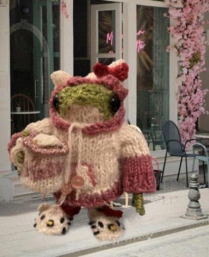 A miniature knitted green frog in a cream hoodie with dark pink trim, cat ears, and a red bow on top is standing in front of a cafe, holding a very small Hello Kitty mug with sculpted coffee and froth on top. She’s wearing cream slippers with cat ears, red bows, and Hello Kitty’s face embroidered on them.