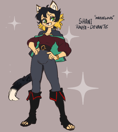 Illustration in a comic or cartoon style by SpookytheTooth, captioned: "Marvelous" Shani Ranya-Devante. A young anthro-feline woman stands with hands on hips looking to one side. She has pale skin but a dark spotted tail with white tuft, green eyes, and black hair with blonde fringes. She wears a magician-adventurer costume, including a capelet, a bangle on the left wrist, and thigh high boots with open toes.