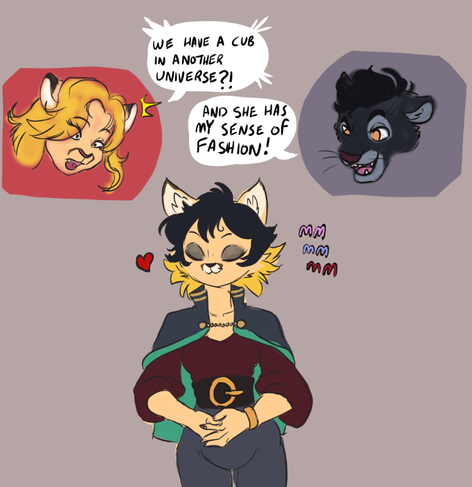 Comic style illustration by SpookytheTooth. Headshot bubbles at the top show a shocked Kali Ranya saying "We have a cub in another universe?" and a delighted Masamba Devante replying "And she has my sense of fashion!" Below, their apparent daughter Shani poses beatifically with clasped hands and closed eyes, responding with a heart symbol and "mm mm mm".