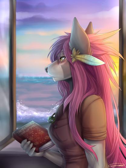 It's a halfbody drawing of an anthropormorphic female character. She hold a book inspired by harry potter, a feather and a jade collar as accessoiries. She got long pink hair.

She is standing next to an open windows laying to the horizon and she has a melancolic looking.