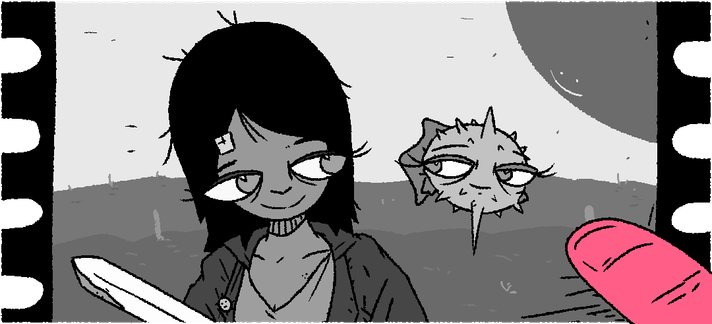 Film reel frame of Girl and Puffy and Sun. All are smiling.