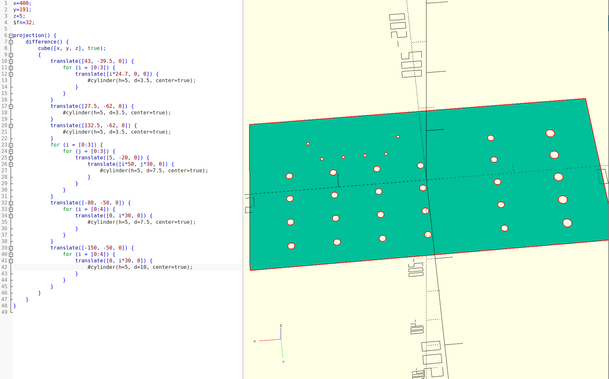 OpenSCAD code and rendered panel with drill holes for CNC cutting/drilling
