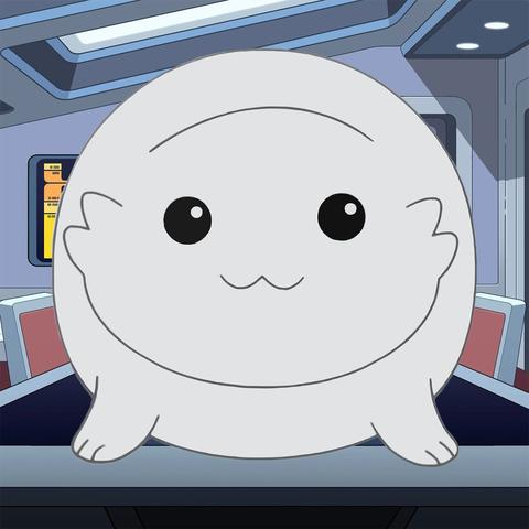 Vectorized image of a Moopsy, a fluffy, rotund white alien species that walks on four-feet, standing in a California-class starship conference or ready room.
