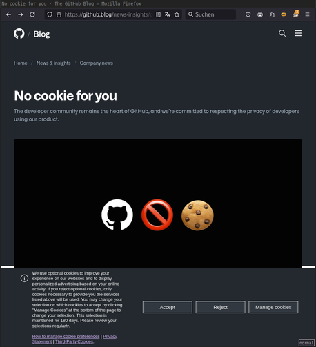 Screenshot of the "No cookie for you" blog entry of the GitHub blog. It has a cookie banner now.