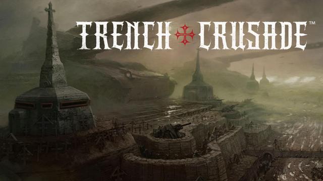 A dark, atmospheric scene with two large, armored tanks in a foggy, war-torn landscape. Text reads "Trench Crusade."