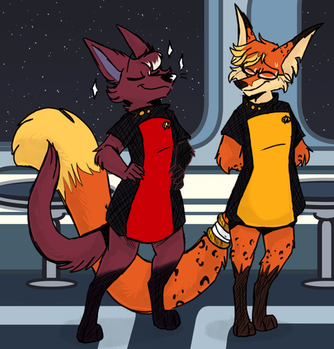 Digital artwork of two furry characters, a jackal and a fox, in starfleet wearing TNG-era Skant uniforms. Both are standing in what looks to be a bar/lounge area on a starship. The jackal is wearing a red Command uniform, the fox is wearing a gold Ops uniform.