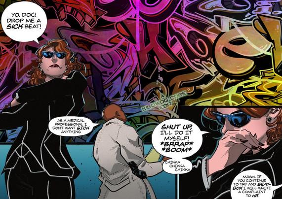 Two comic panels. In the first, Victoria Kord, a woman with red hair and cat-eye sunglasses in a tailored black suit, stands with arms crossed in front of a wall of graffiti. Behind her is a man in a white long coat. Victoria says, "Yo, Doc! Drop me a sick beat!" The man says, "As a medical professional, I don't want sick anything." Victoria shouts, "Shut up, I'll do it myself!" Putting her hand in front of her mouth she beatboxes, "Brrap Boom Chikka Chikka Chikka." Off-panel, the doctor says, "Ma'am, if you continue to try and beat box I will write a complaint to HR." A caption reads "A Kilowog-core Edit".