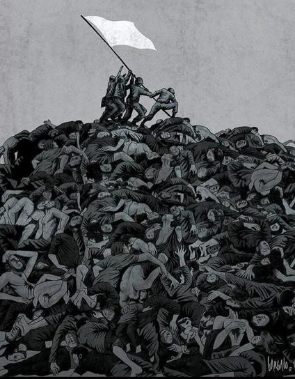 A imagem mostra uma cena sombria em tons de cinza. Um pequeno grupo de soldados está no topo de uma montanha de corpos, erguendo uma bandeira branca. Os soldados parecem determinados, enquanto os corpos 
inertes estão empilhados desordenadamente. A imagem sugere um alto custo humano para uma trégua. O estilo é semelhante a uma gravura ou ilustração em preto e branco.