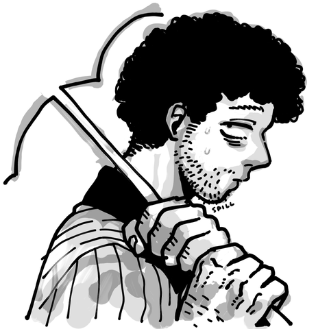Mob Psycho 100 fan art. A sketch of Serizawa, a man with curly hair, droopyeyes and big hairy hands with a beard that hasn't been shaved in a few days. He wears a robe and grips an open umbrella with both hands, head tilted down in a shy or nervous manner.